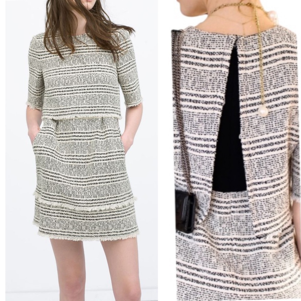 Zara Black & Off White Layered Tweed Fringe Split Back MiniDress - M